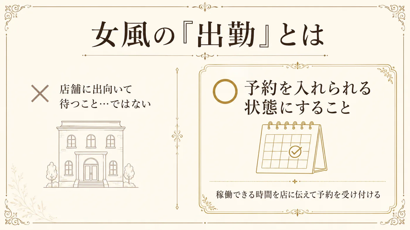 女風用語「出勤」の意味の図解 店に居ることではなく予約を入れられる状態