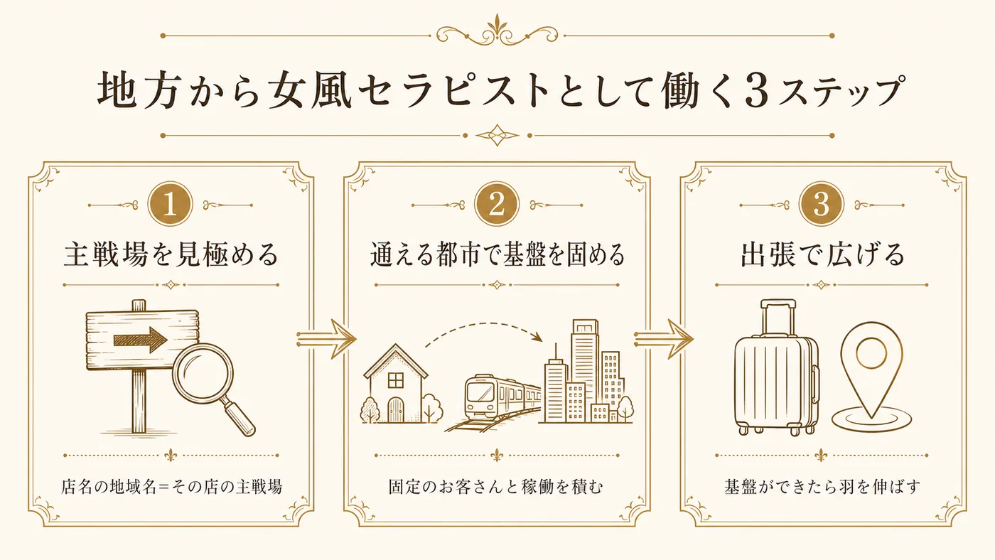 地方から女風セラピストとして働く3ステップ(主戦場の見極め・通える都市で基盤・出張で拡大)