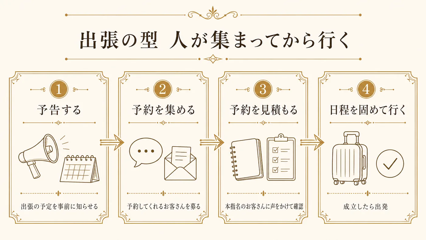 女風セラピストの出張の流れ(予告して予約が集まってから行く型)